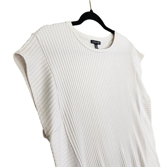 Eileen Fisher Womens Textured Stretch Rib Round Neck Top Size Large Bone Luxury - Picture 3 of 9